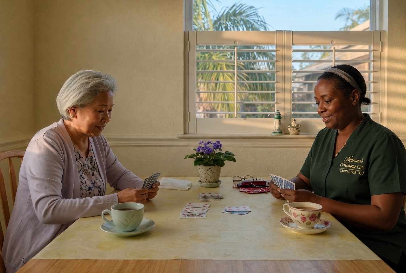 A caregiver and an older woman play cards at a kitchen table.