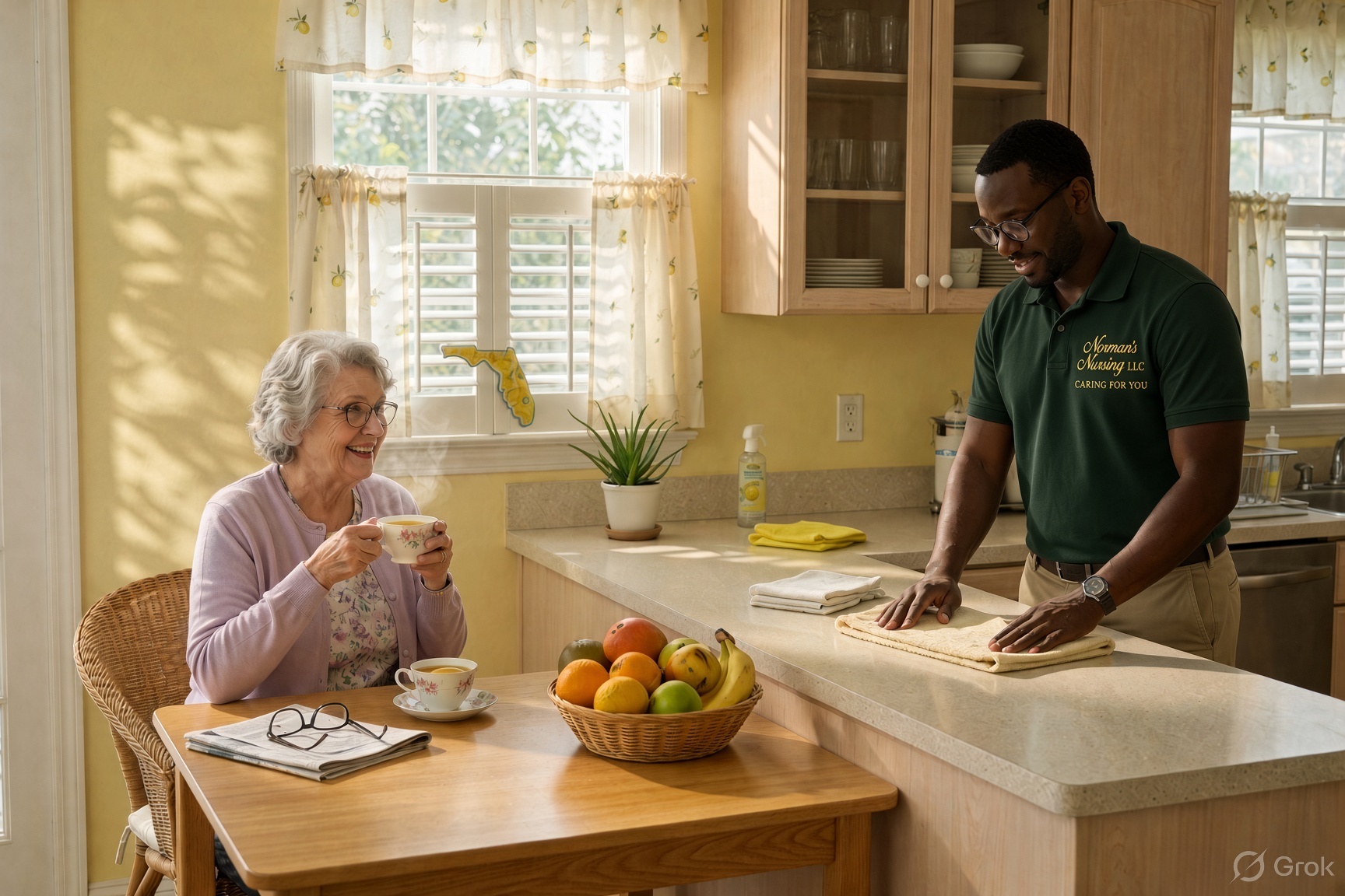 A caregiver tidies a bright kitchen while an older woman has tea.