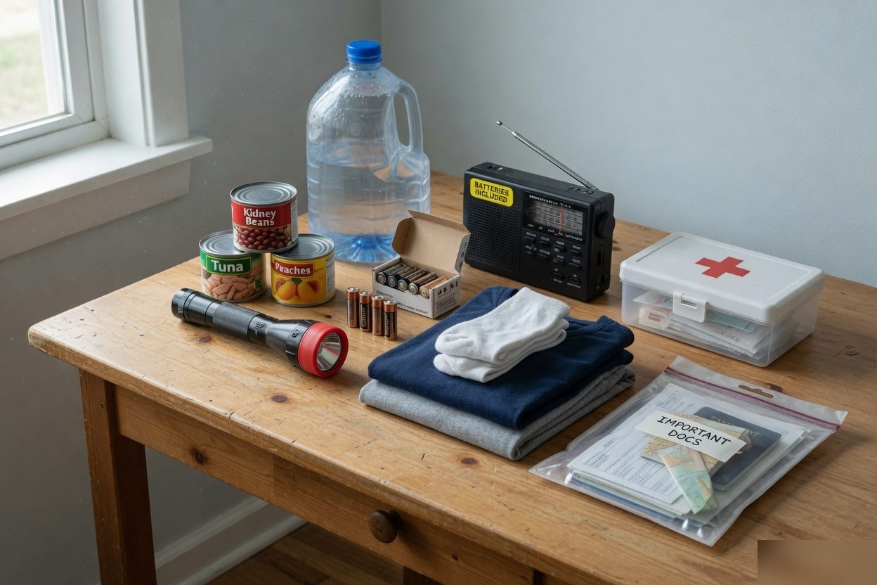 A calm table with water, food, a flashlight, a radio, and a first aid kit.