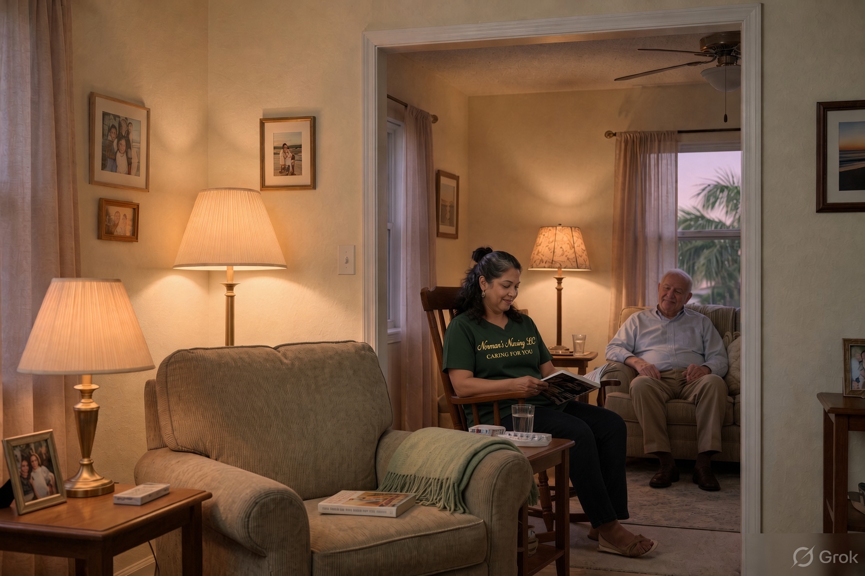 A calm evening living room with a lamp on and a caregiver sitting with an older man.